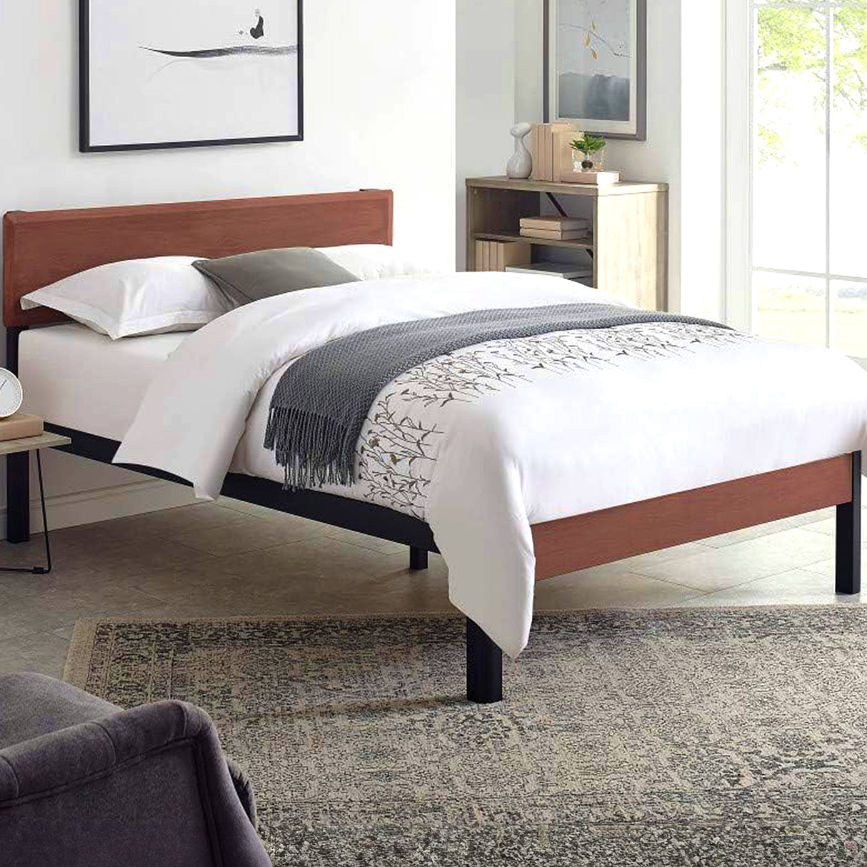 Portland Wood Slat and Metal Platform Bed Frame with Solid Wood Headboard | Mattress Foundation