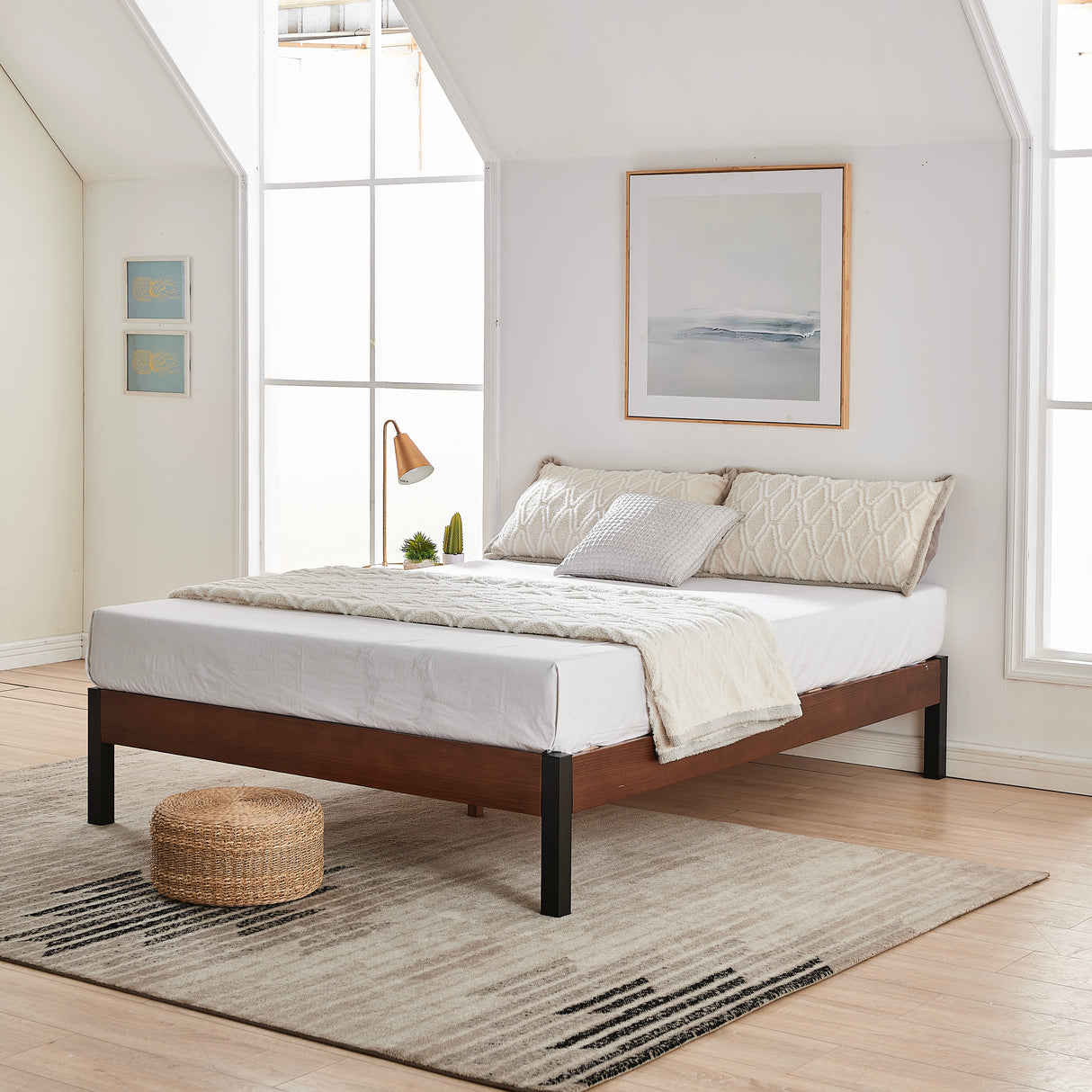 Devon Wood Slat and Metal Platform Bed Frame | Mattress Foundation