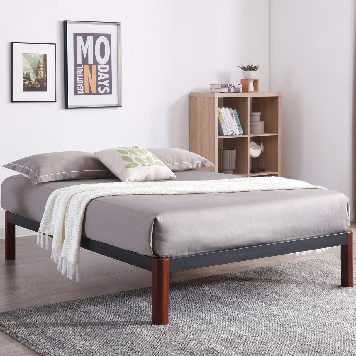 Devon Wood Slat and Metal Platform Bed Frame | Mattress Foundation