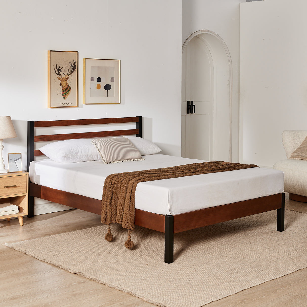 Tilbury Wood Slat and Metal Platform Bed Frame with Headboard | Mattress Foundation