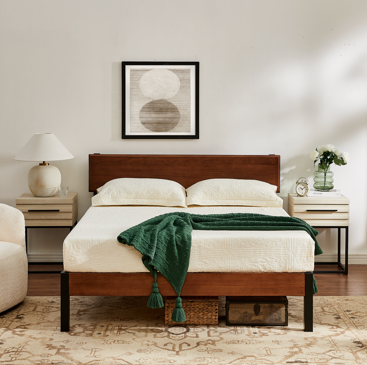 Portland Wood Slat and Metal Platform Bed Frame with Solid Wood Headboard | Mattress Foundation