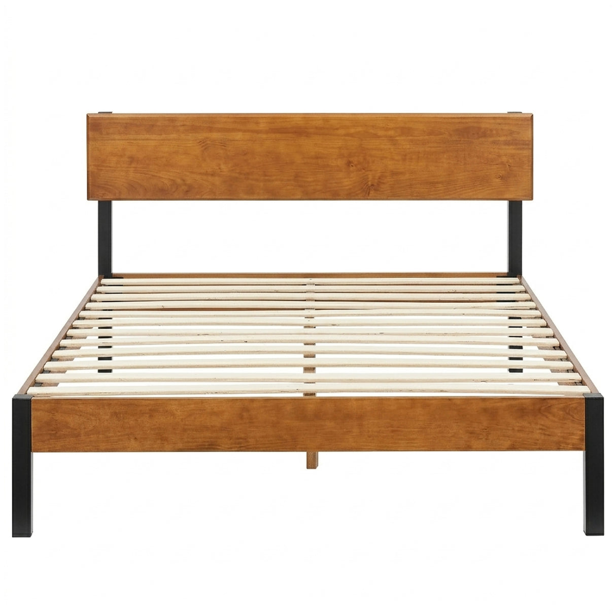 Portland Wood Slat and Metal Platform Bed Frame with Solid Wood Headboard | Mattress Foundation