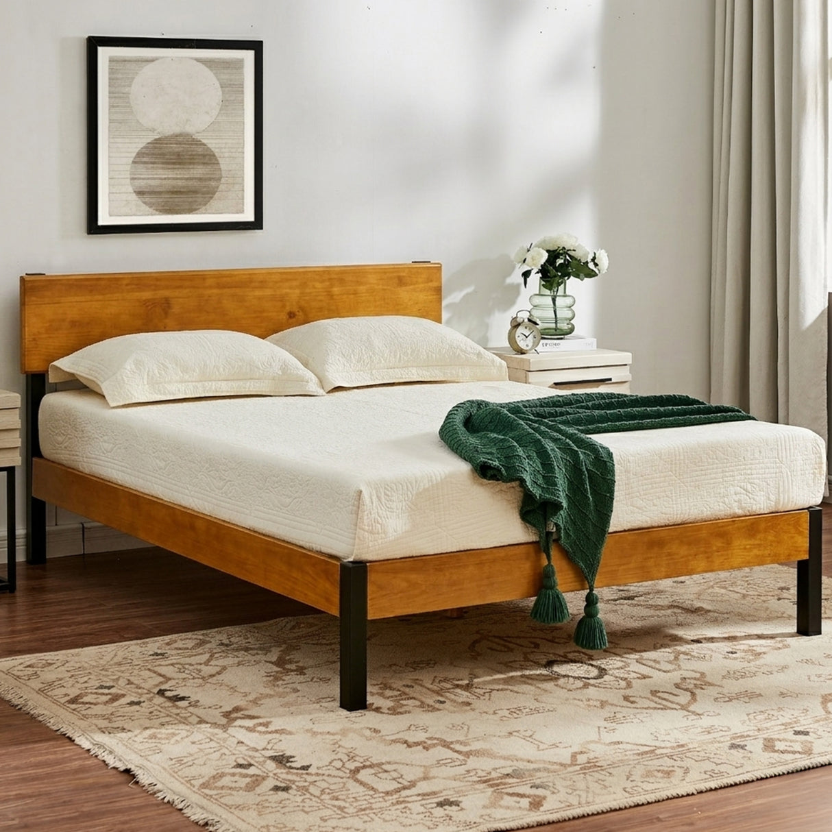 Portland Wood Slat and Metal Platform Bed Frame with Solid Wood Headboard | Mattress Foundation