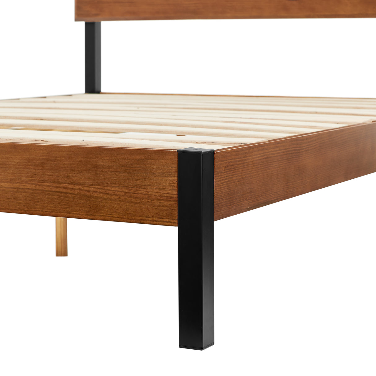 Portland Wood Slat and Metal Platform Bed Frame with Solid Wood Headboard | Mattress Foundation