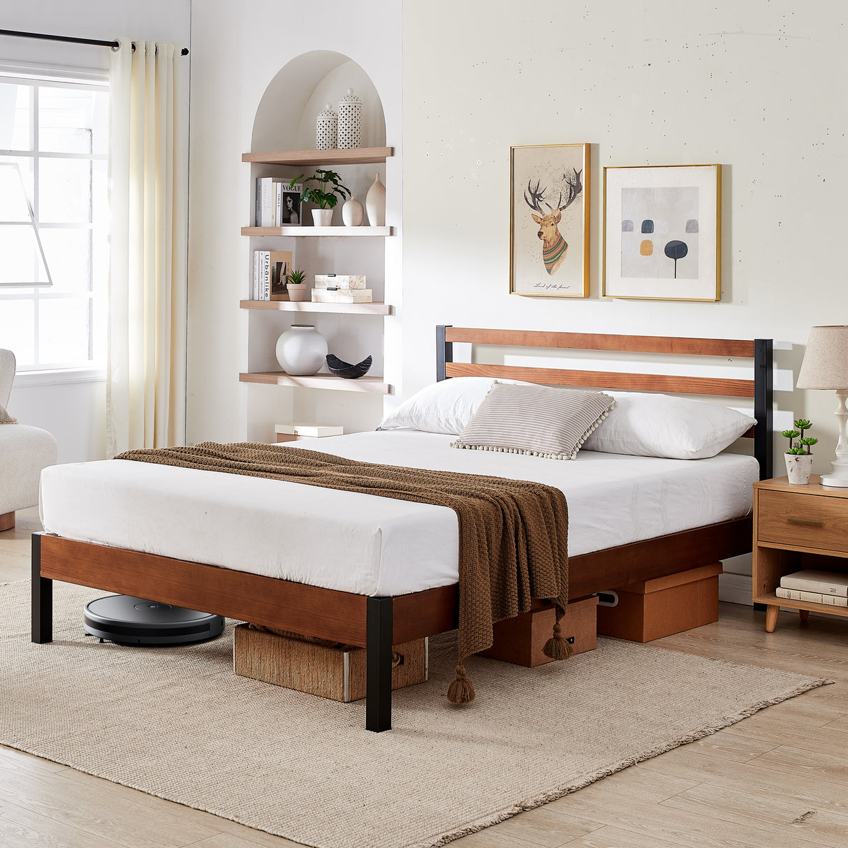 Tilbury Wood Slat and Metal Platform Bed Frame with Headboard | Mattress Foundation