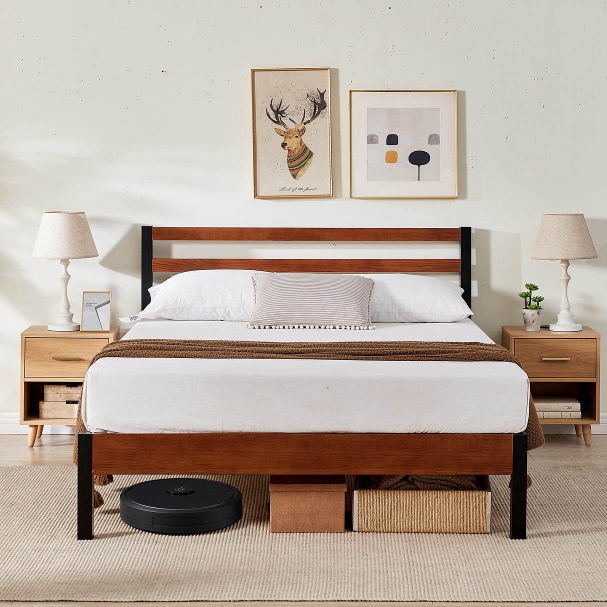 Tilbury Wood Slat and Metal Platform Bed Frame with Headboard | Mattress Foundation