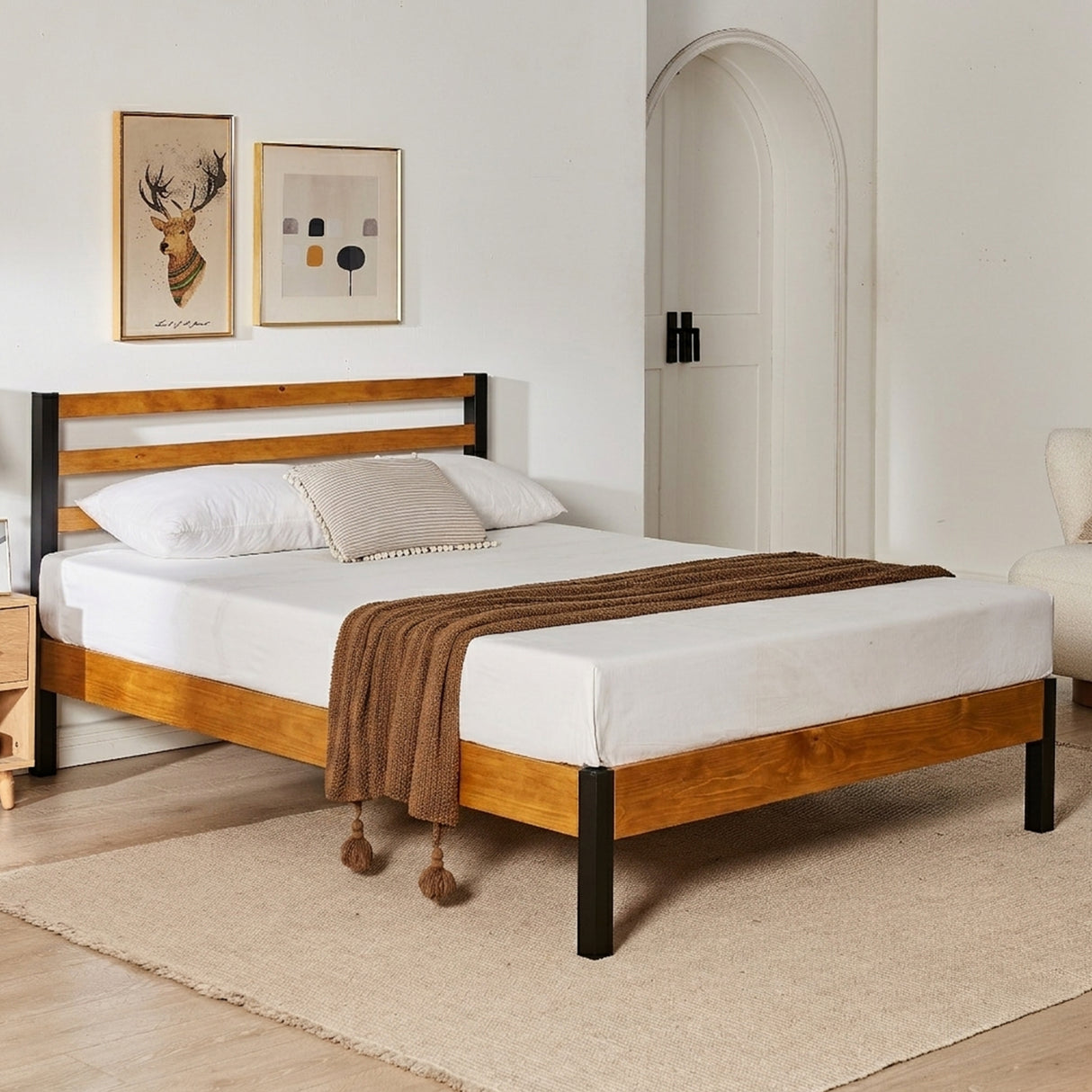 Tilbury Wood Slat and Metal Platform Bed Frame with Headboard | Mattress Foundation