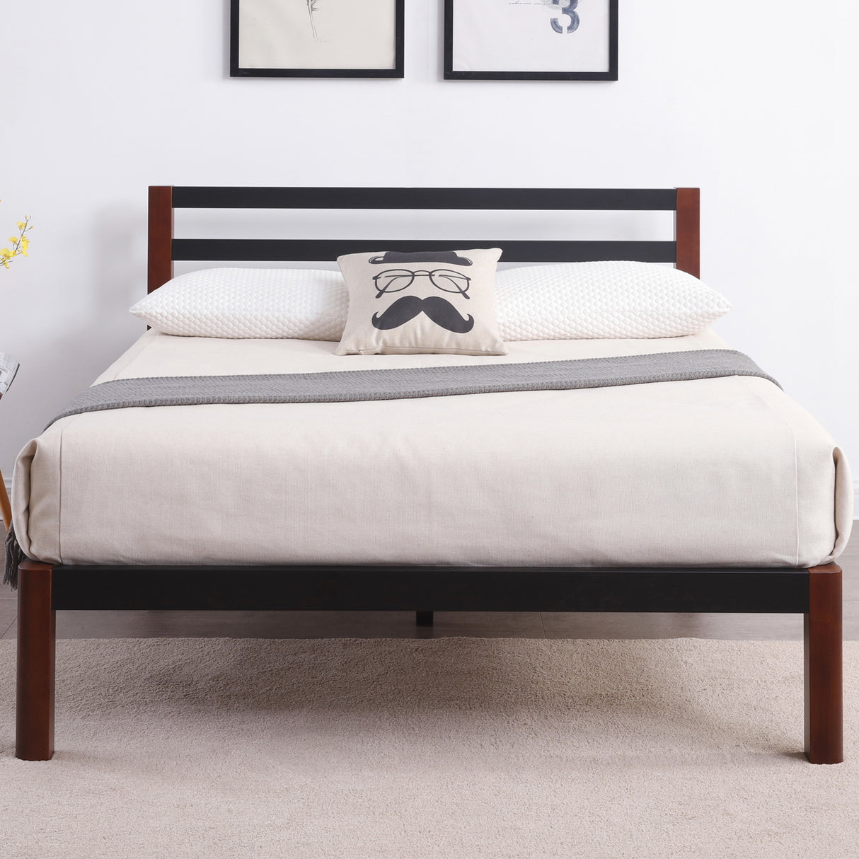 Tilbury Wood Slat and Metal Platform Bed Frame with Headboard | Mattress Foundation