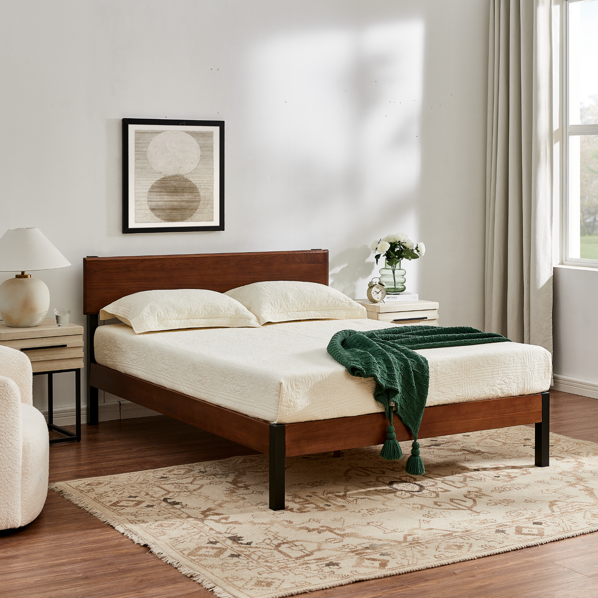 Portland Wood Slat and Metal Platform Bed Frame with Solid Wood Headboard | Mattress Foundation