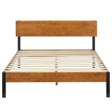 Portland Wood Slat and Metal Platform Bed Frame with Solid Wood Headboard | Mattress Foundation
