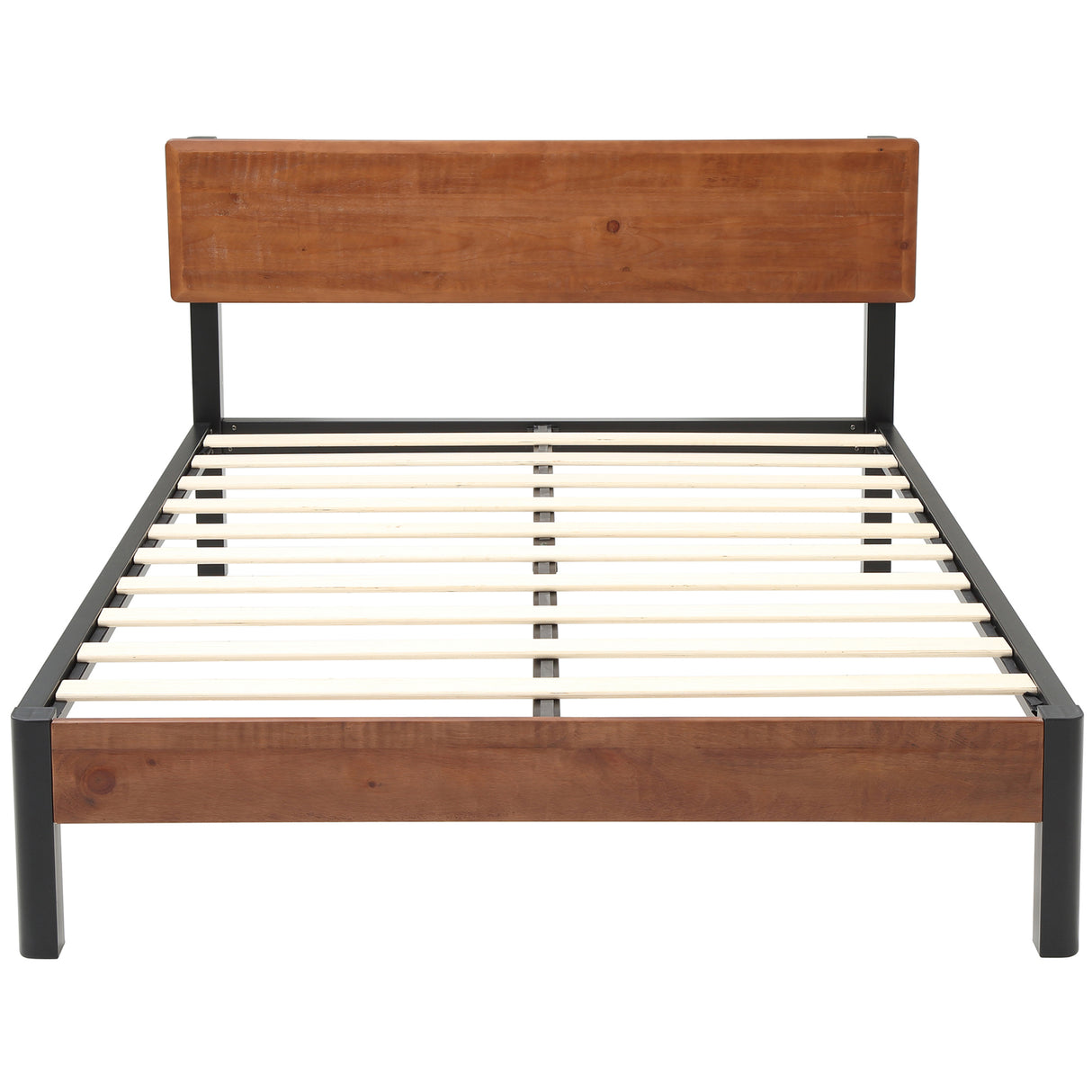 Portland Wood Slat and Metal Platform Bed Frame with Solid Wood Headboard | Mattress Foundation