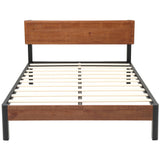 Portland Wood Slat and Metal Platform Bed Frame with Solid Wood Headboard | Mattress Foundation